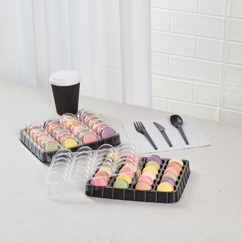 Shock Safe Rectangle Black Plastic Macaron Take Out Box - Fits 24 Macarons - 11" x 9" x 2" - 100 count box