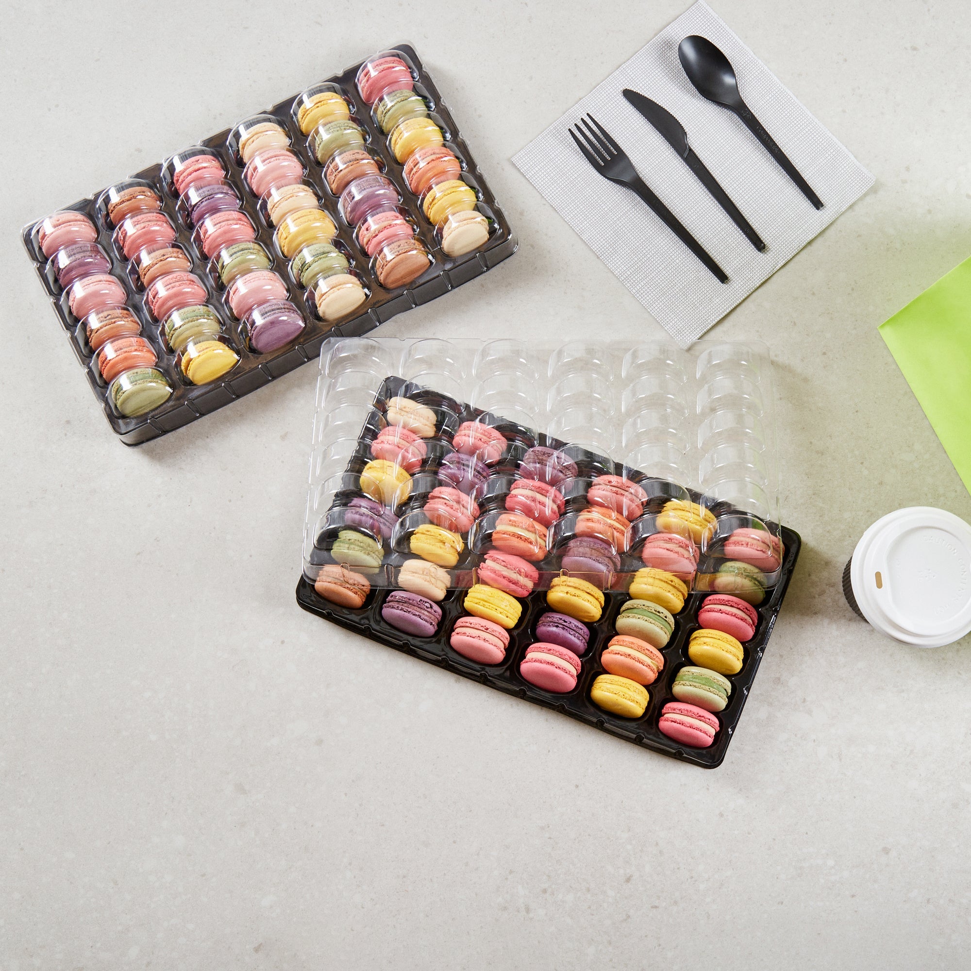 Shock Safe Rectangle Black Plastic Macaron Take Out Box - Fits 36 Macarons - 13 1/4" x 11" x 2" - 100 count box