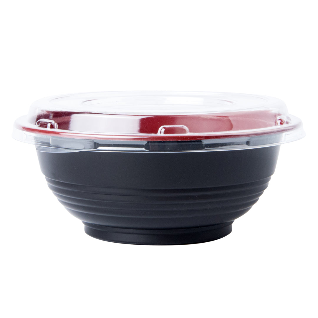 Bento Tek 18 oz Round Black and Red Plastic Small Asian Panda Bowl - with Clear Lid, Microwavable - 6" x 6" x 2 1/2" - 200 count box