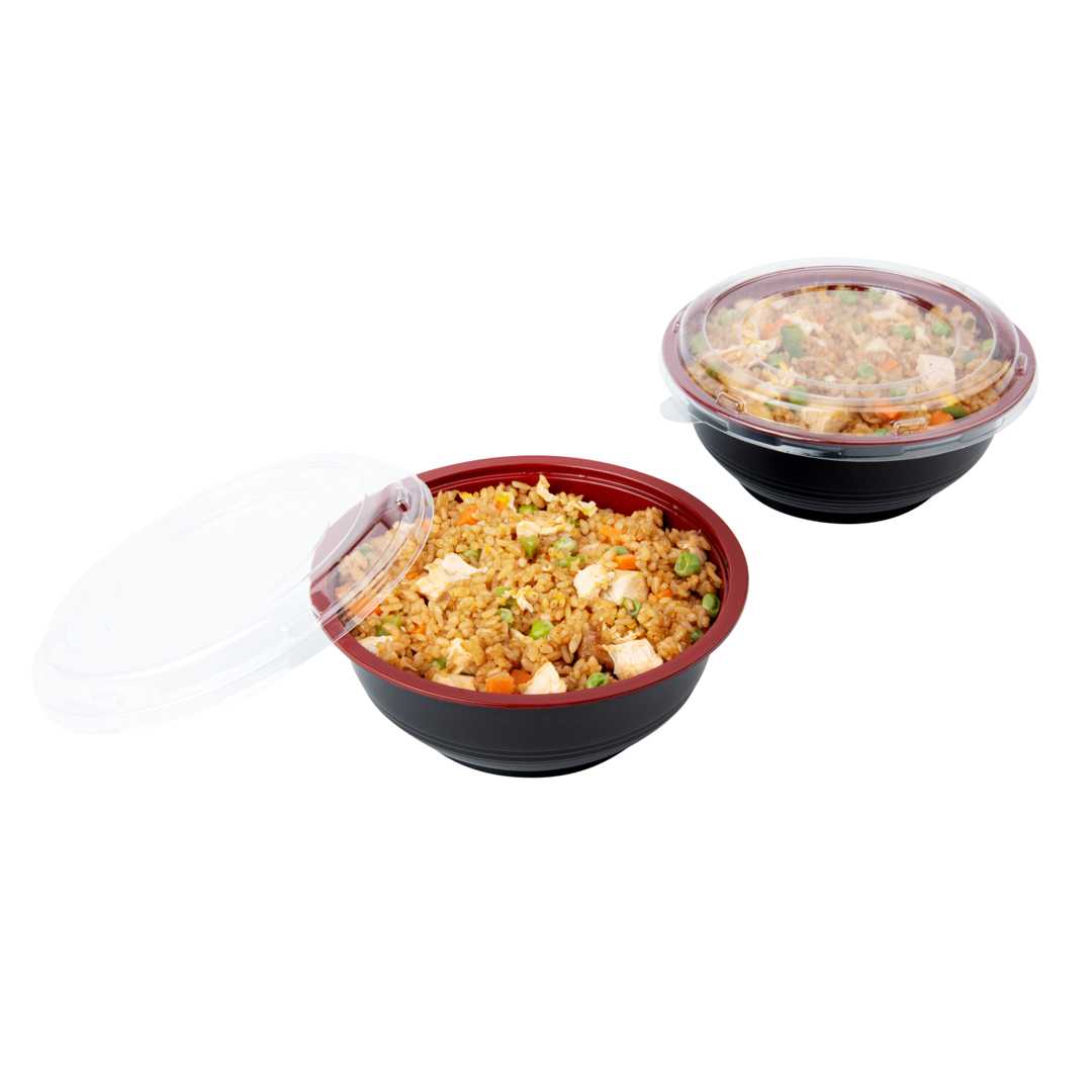 Bento Tek 24 oz Round Black and Red Plastic Medium Asian Panda Bowl - Clear Lid, Microwavable - 6 1/2" x 6 1/2" x 2 1/2" - 200 count box