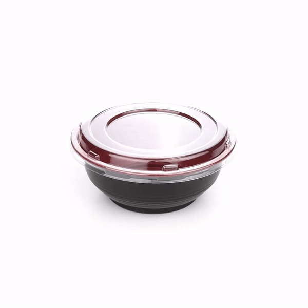 Bento Tek 24 oz Round Black and Red Plastic Medium Asian Panda Bowl - Clear Lid, Microwavable - 6 1/2" x 6 1/2" x 2 1/2" - 200 count box