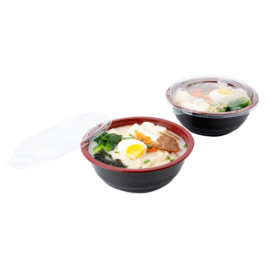 Bento Tek 34 oz Round Black and Red Plastic Large Asian Panda Bowl - with Clear Lid, Microwavable - 7 1/4" x 7 1/4" x 2 3/4" - 200 count box
