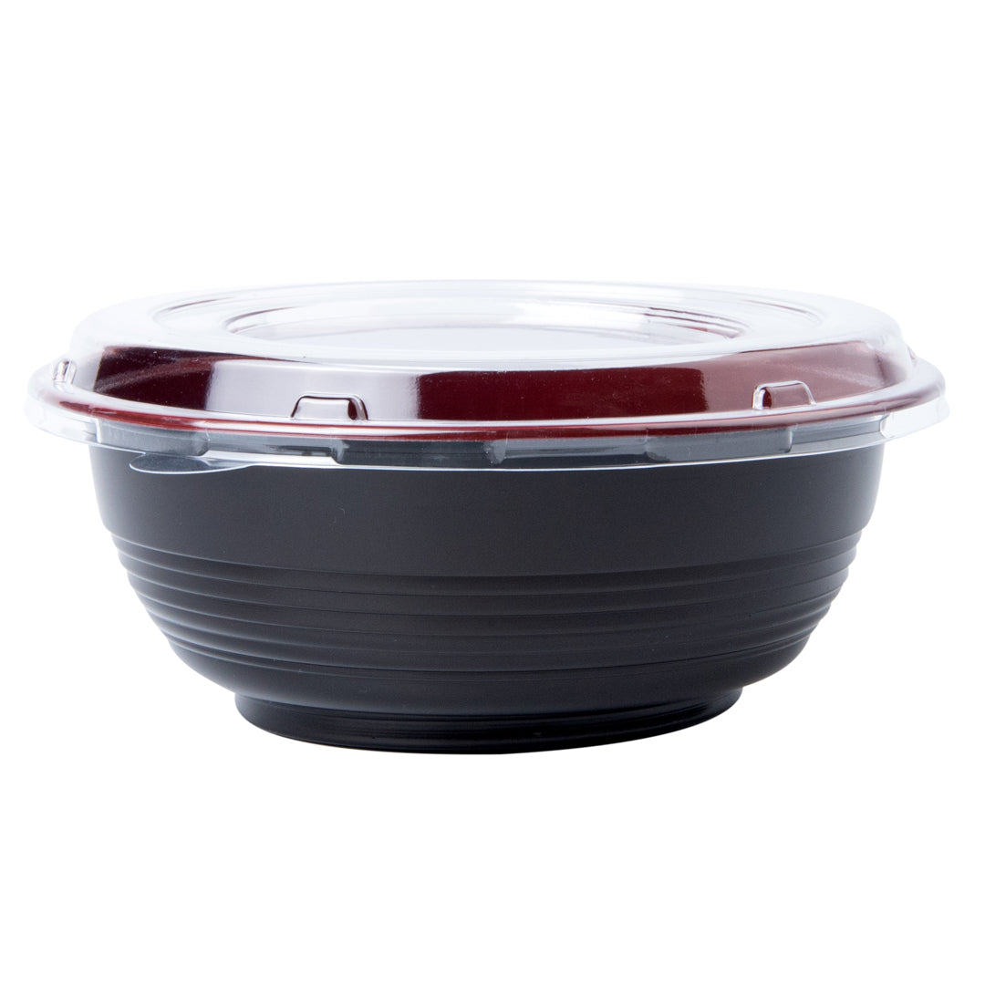 Bento Tek 34 oz Round Black and Red Plastic Large Asian Panda Bowl - with Clear Lid, Microwavable - 7 1/4" x 7 1/4" x 2 3/4" - 200 count box