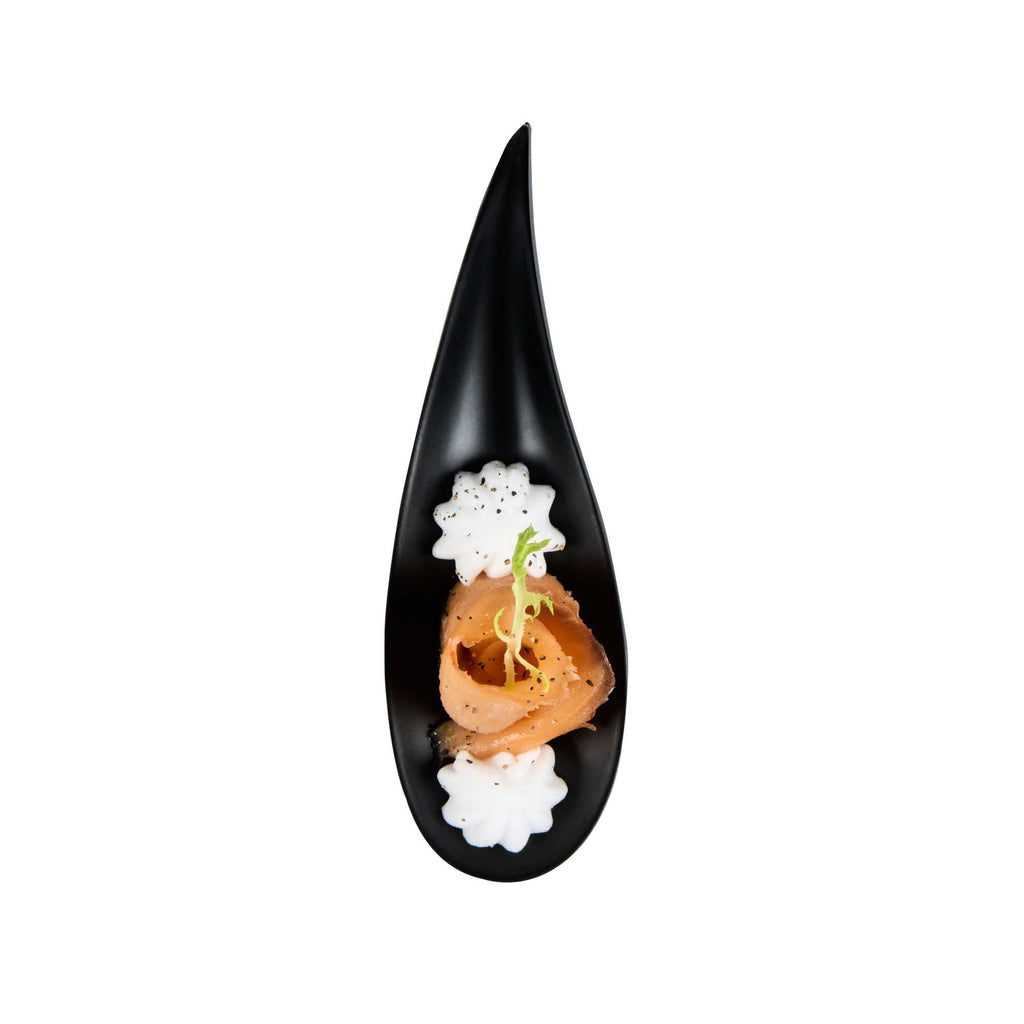 Voga Teardrop Black Melamine Tasting Spoon - Japonais, Moderna - 4 1/4" x 1 3/4" x 1 3/4" - 10 count box