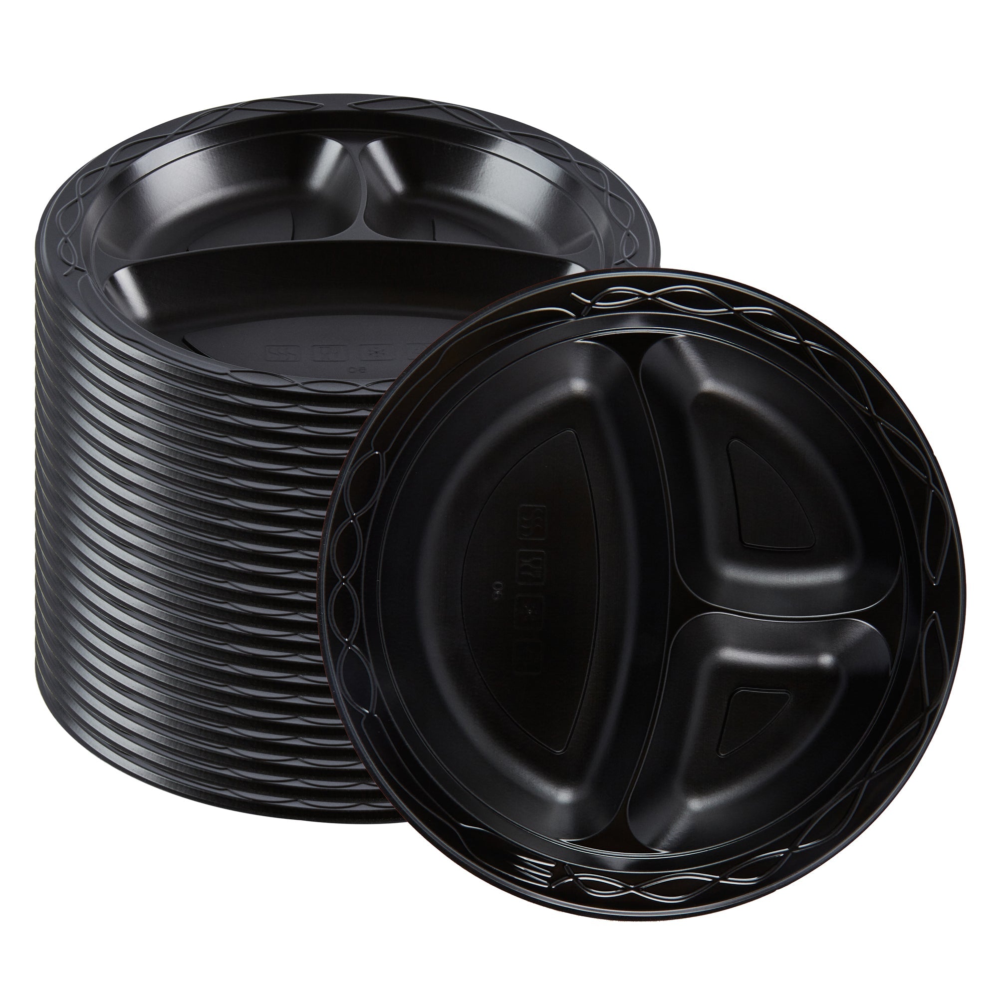 Chef 101 Round Black Plastic Plate - 3 Compartments, Microwavable - 9" x 9" x 3/4" - 100 count box