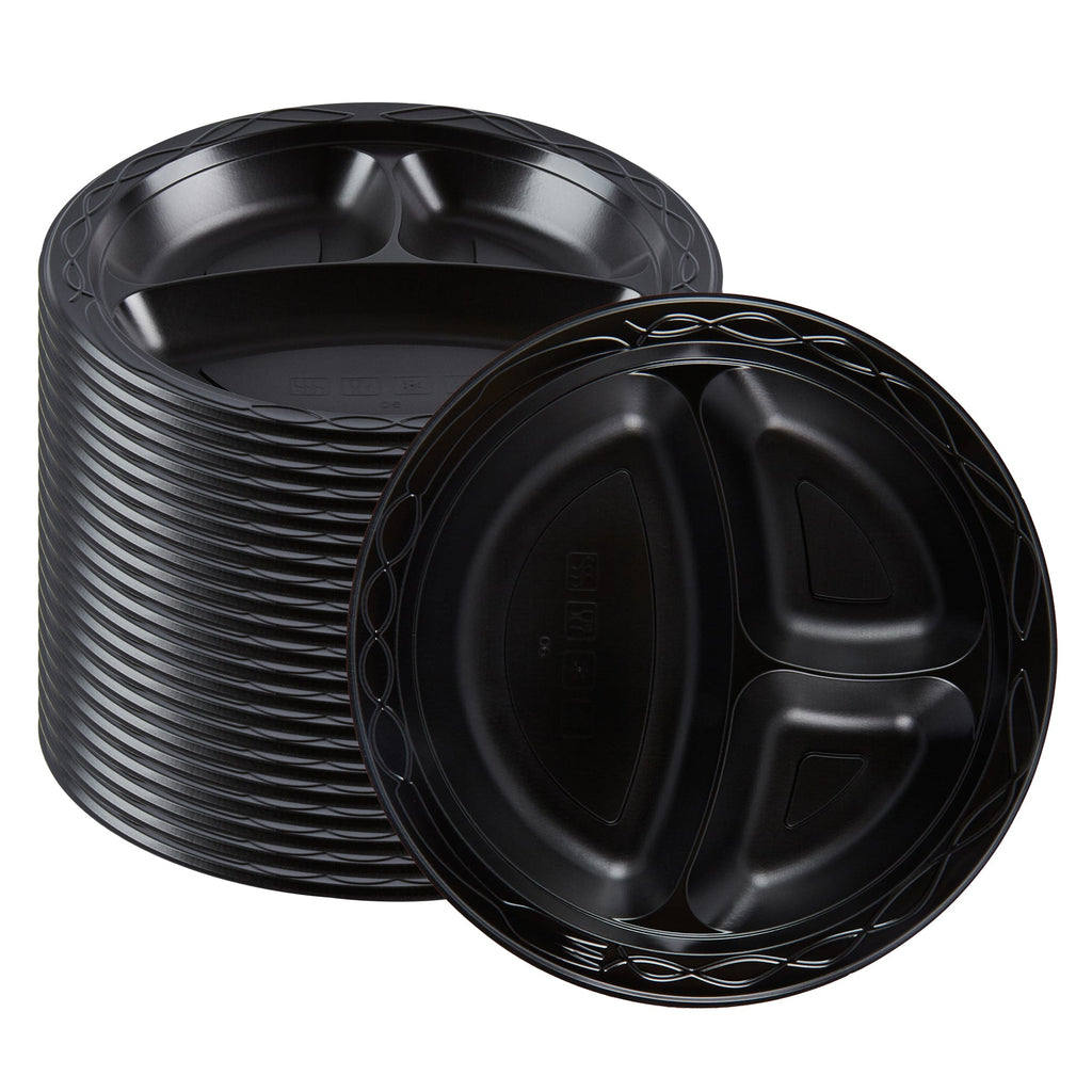 Chef 101 Round Black Plastic Plate - 3 Compartments, Microwavable - 9" x 9" x 3/4" - 50 count box