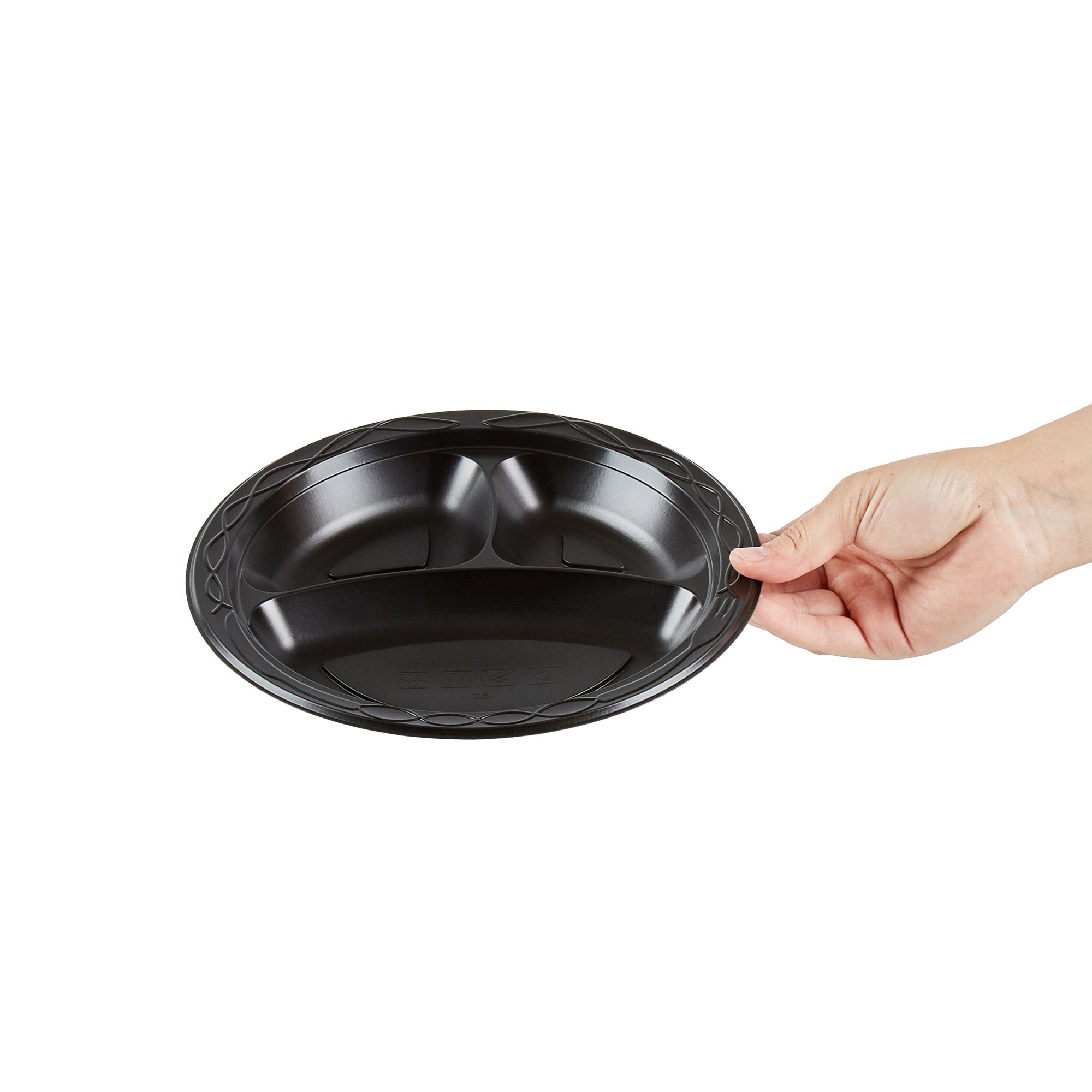 Chef 101 Round Black Plastic Plate - 3 Compartments, Microwavable - 9" x 9" x 3/4" - 100 count box