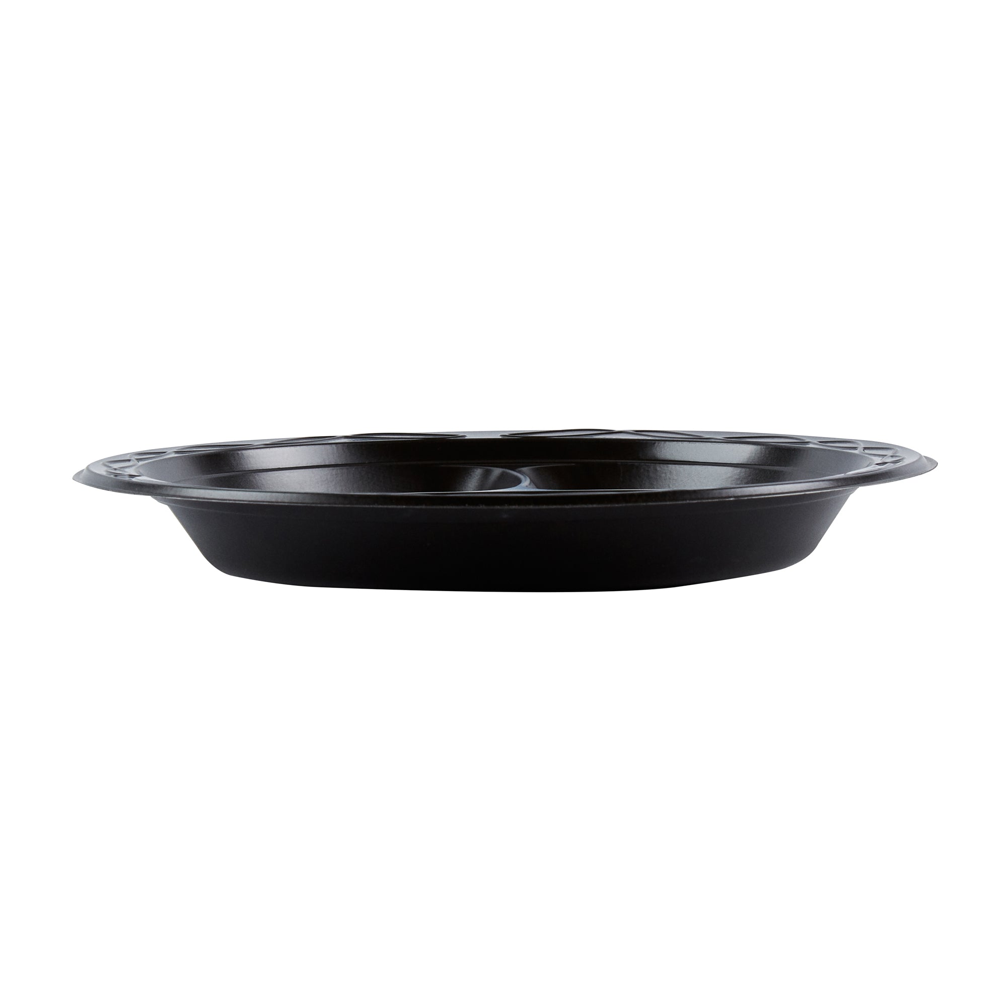 Chef 101 Round Black Plastic Plate - 3 Compartments, Microwavable - 9" x 9" x 3/4" - 100 count box