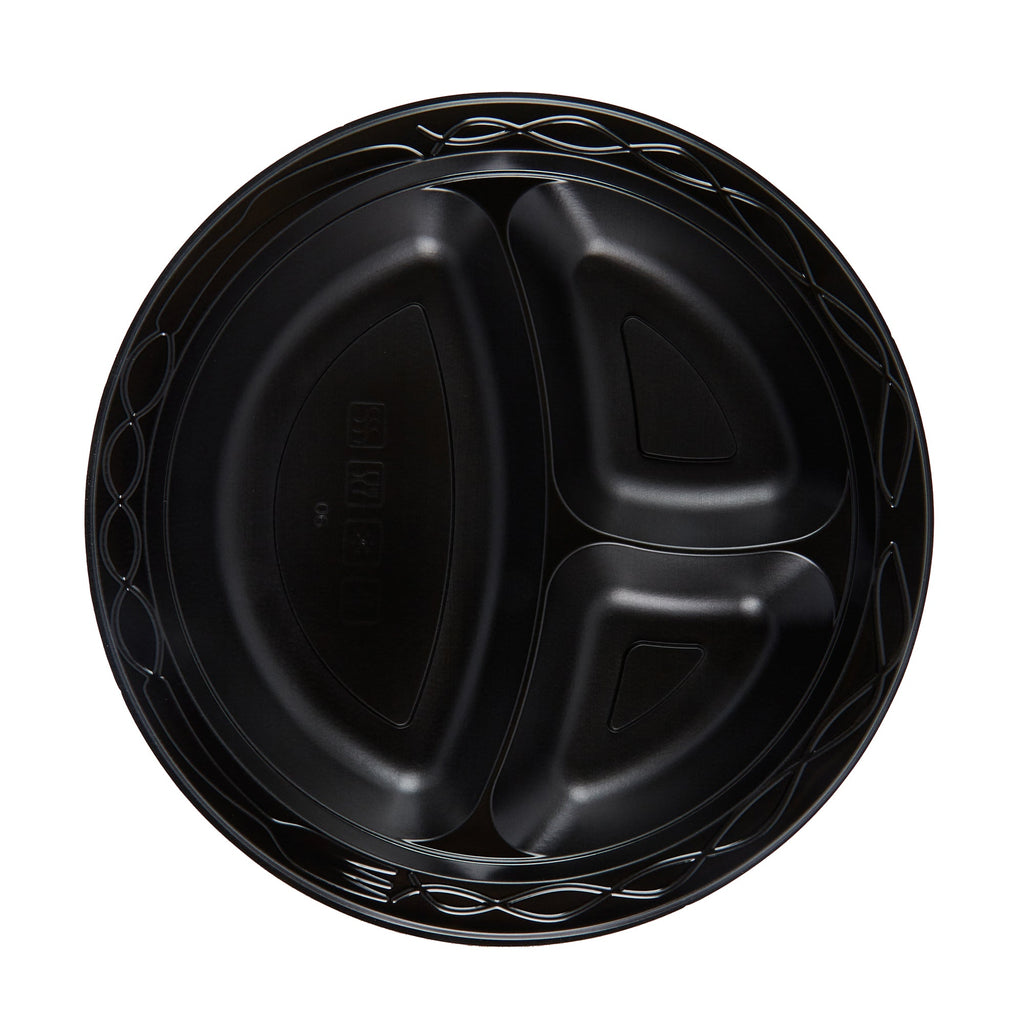 Chef 101 Round Black Plastic Plate - 3 Compartments, Microwavable - 9" x 9" x 3/4" - 100 count box