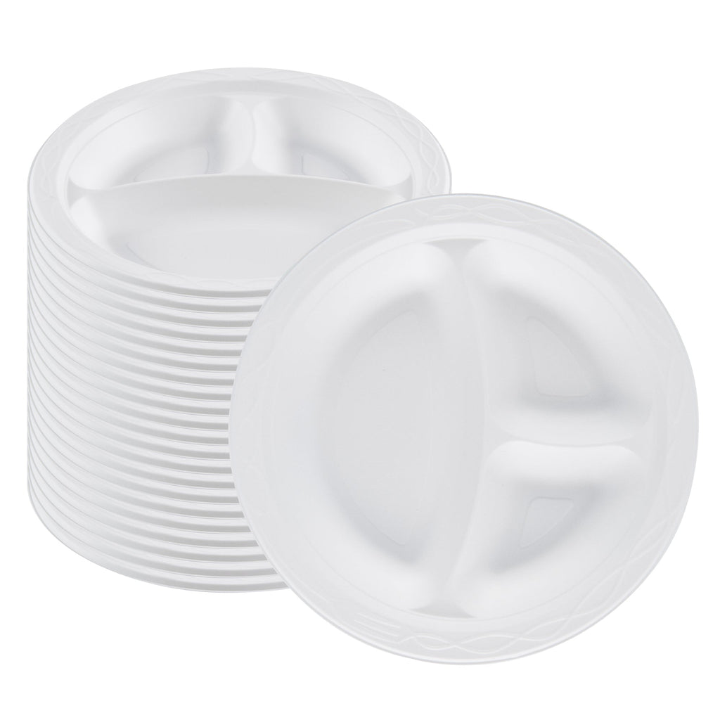 Chef 101 Round White Plastic Plate - 3 Compartments, Microwavable - 9" x 9" x 3/4" - 50 count box