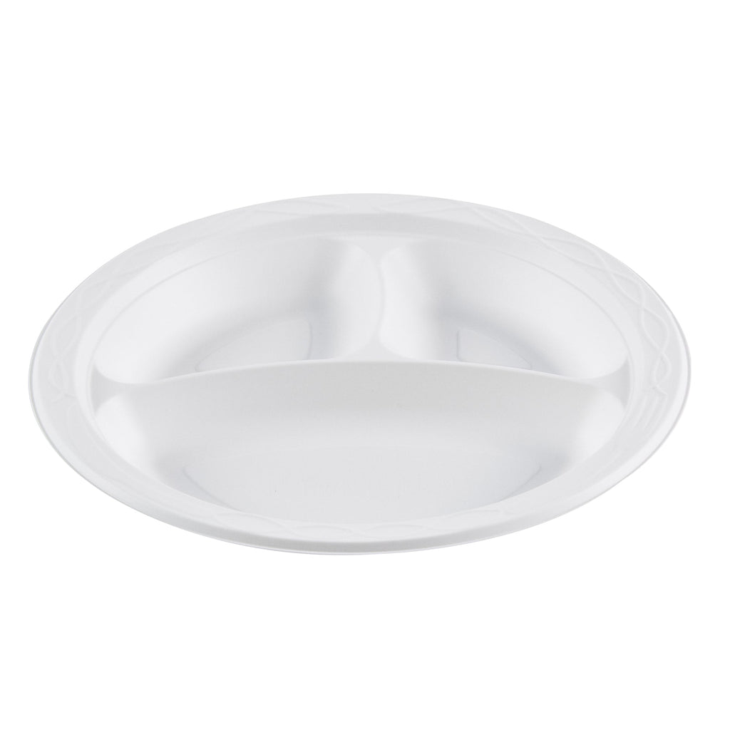 Chef 101 Round White Plastic Plate - 3 Compartments, Microwavable - 9" x 9" x 3/4" - 50 count box