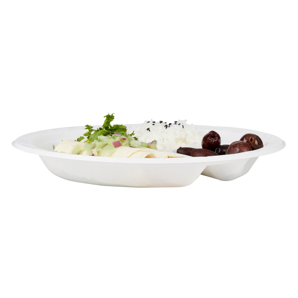 Chef 101 Round White Plastic Plate - 3 Compartments, Microwavable - 9" x 9" x 3/4" - 100 count box