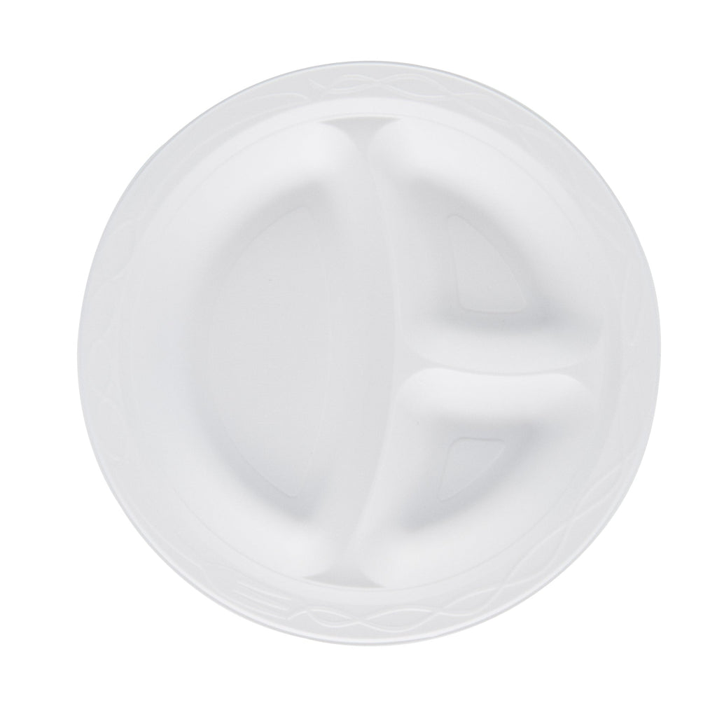 Chef 101 Round White Plastic Plate - 3 Compartments, Microwavable - 9" x 9" x 3/4" - 100 count box
