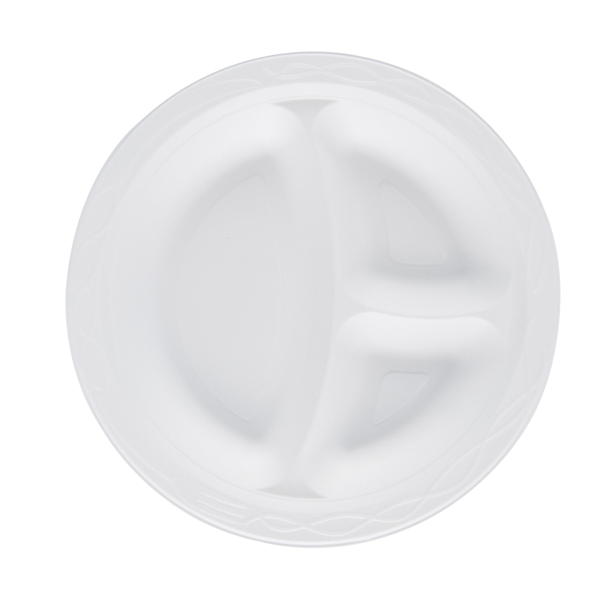 Chef 101 Round White Plastic Plate - 3 Compartments, Microwavable - 9" x 9" x 3/4" - 100 count box