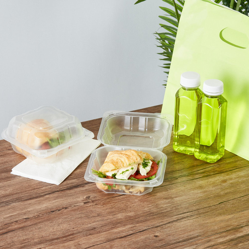 Chef 101 17 oz Square Clear Plastic Clamshell Container - Microwavable - 6" x 6" x 3" - -50 count box