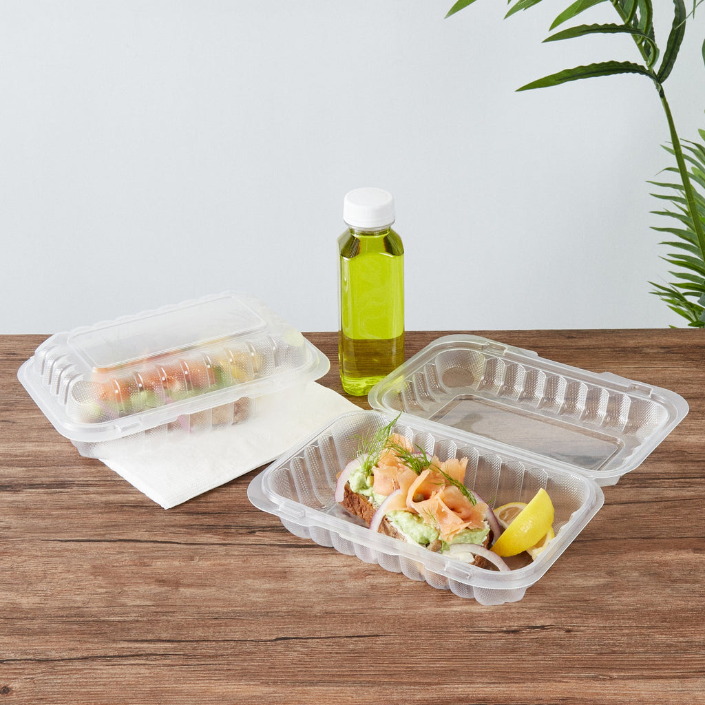 Chef 101 29 oz Rectangle Clear Plastic Clamshell Container - Microwavable - 9" x 6" x 2 3/4" - 100 count box