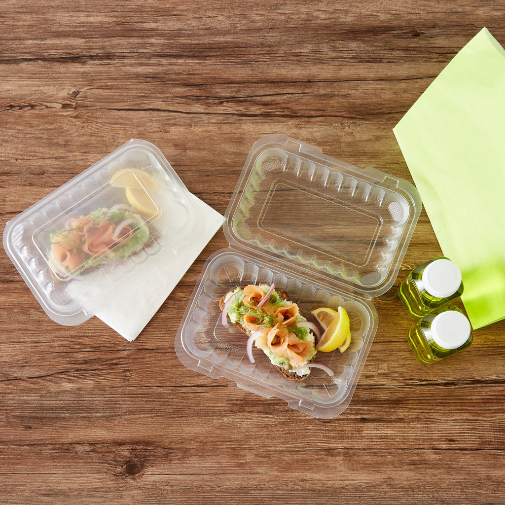 Chef 101 29 oz Rectangle Clear Plastic Clamshell Container - Microwavable - 9" x 6" x 2 3/4" - 100 count box