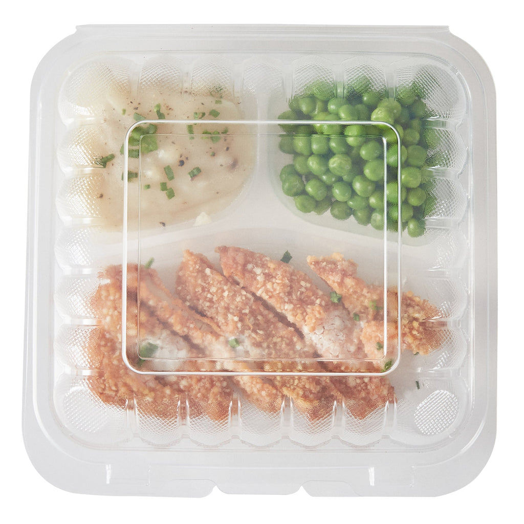 Chef 101 34 oz Square Clear Plastic Clamshell Container - 3 Compartments, Microwavable - 8" x 8" x 3" - 100 count box