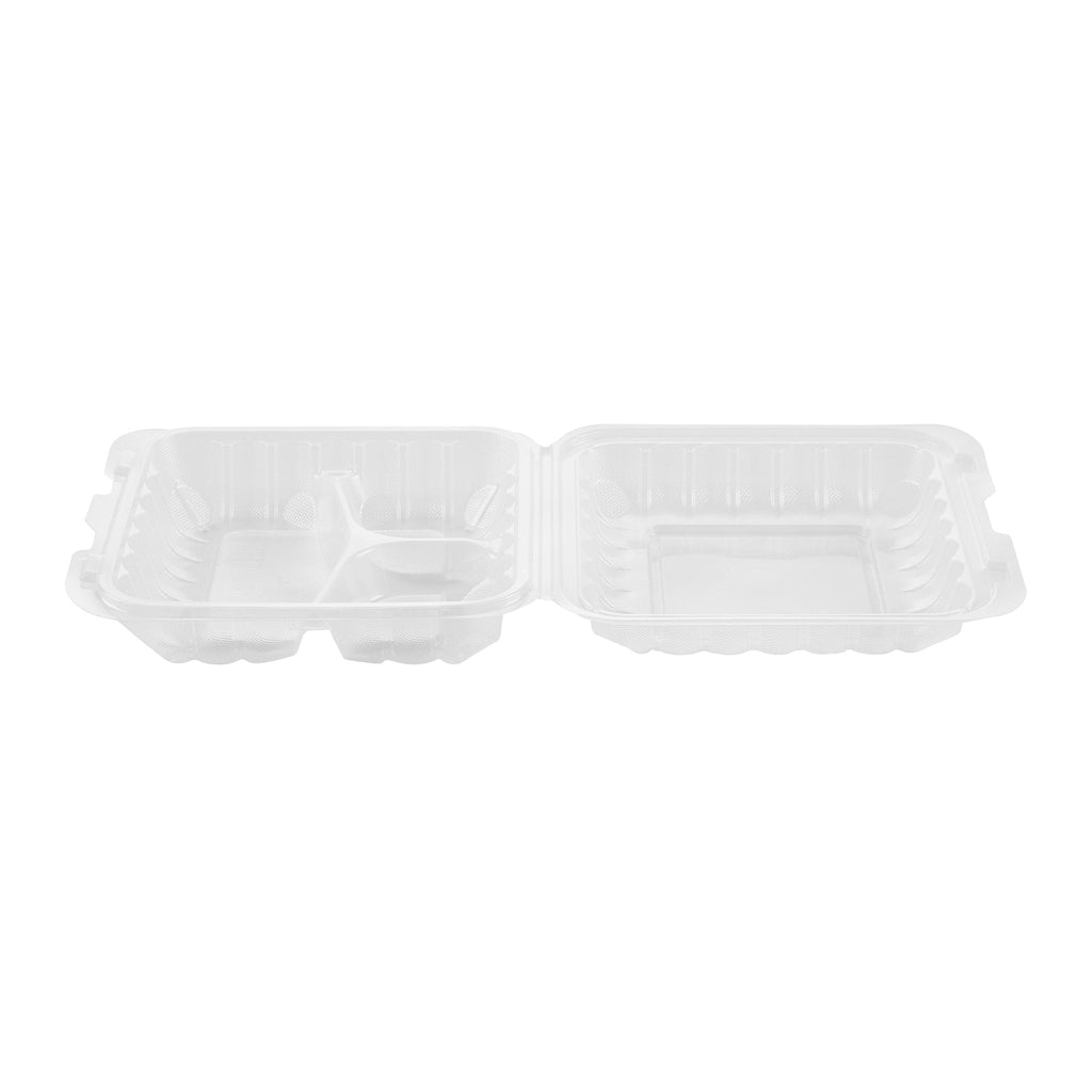 Chef 101 34 oz Square Clear Plastic Clamshell Container - 3 Compartments, Microwavable - 8" x 8" x 3" - 100 count box