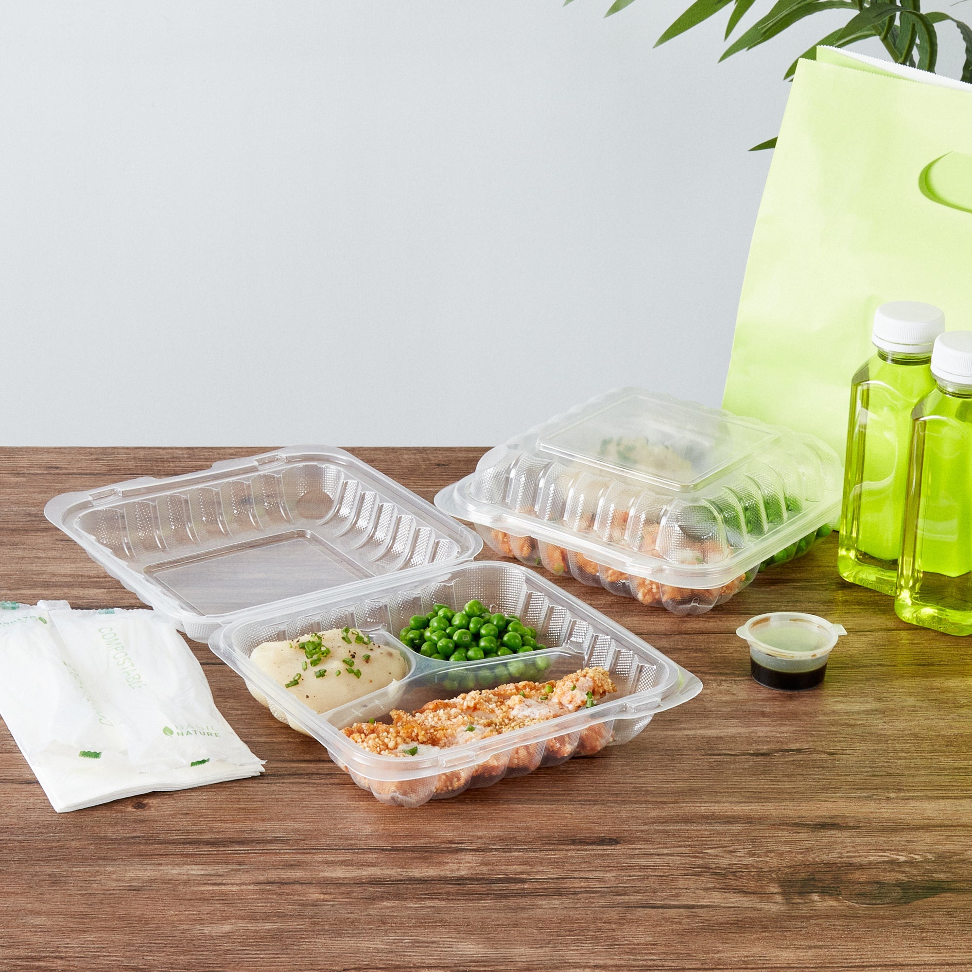Chef 101 34 oz Square Clear Plastic Clamshell Container - 3 Compartments, Microwavable - 8" x 8" x 3" - 100 count box