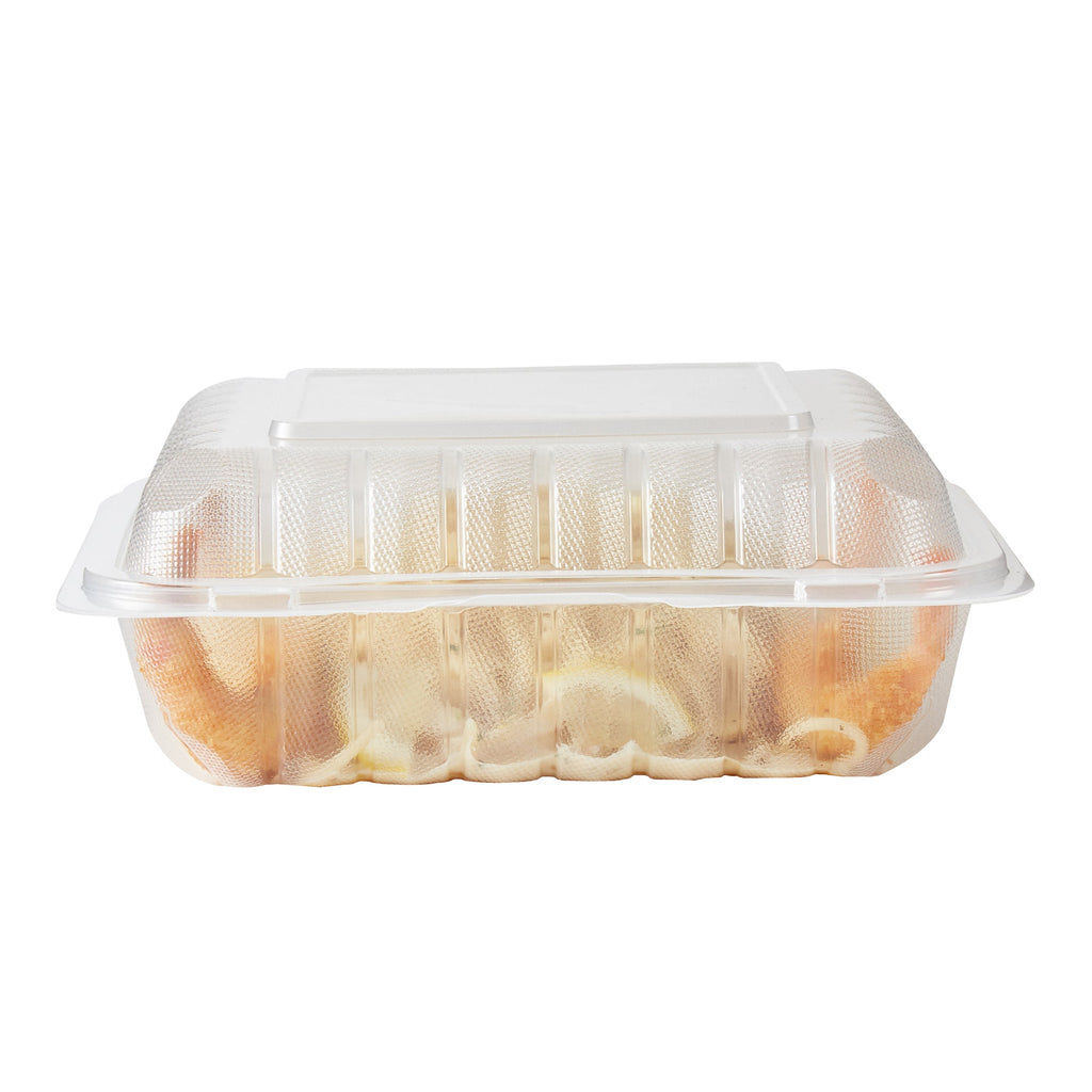 Chef 101 47 oz Square Clear Plastic Clamshell Container - Microwavable - 9" x 9" x 3 1/2" - 100 count box