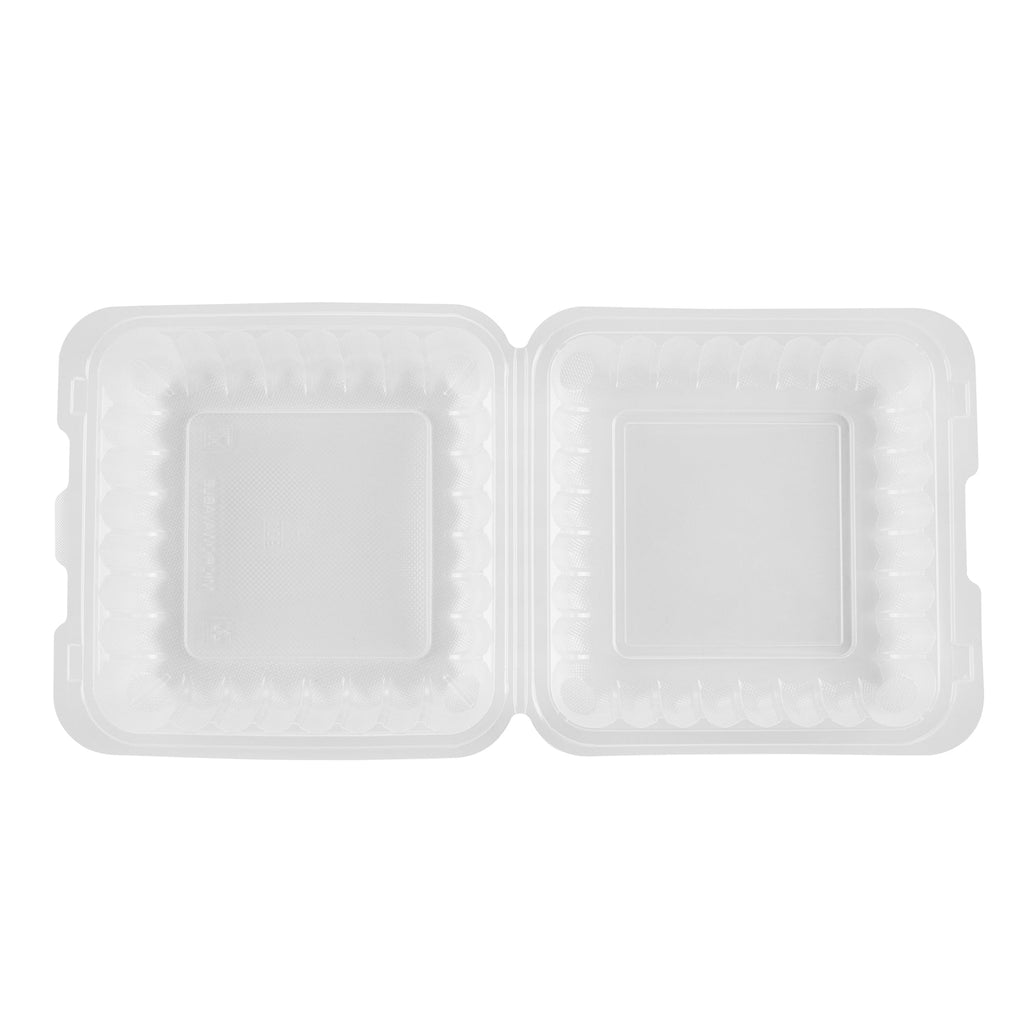 Chef 101 47 oz Square Clear Plastic Clamshell Container - Microwavable - 9" x 9" x 3 1/2" - 100 count box