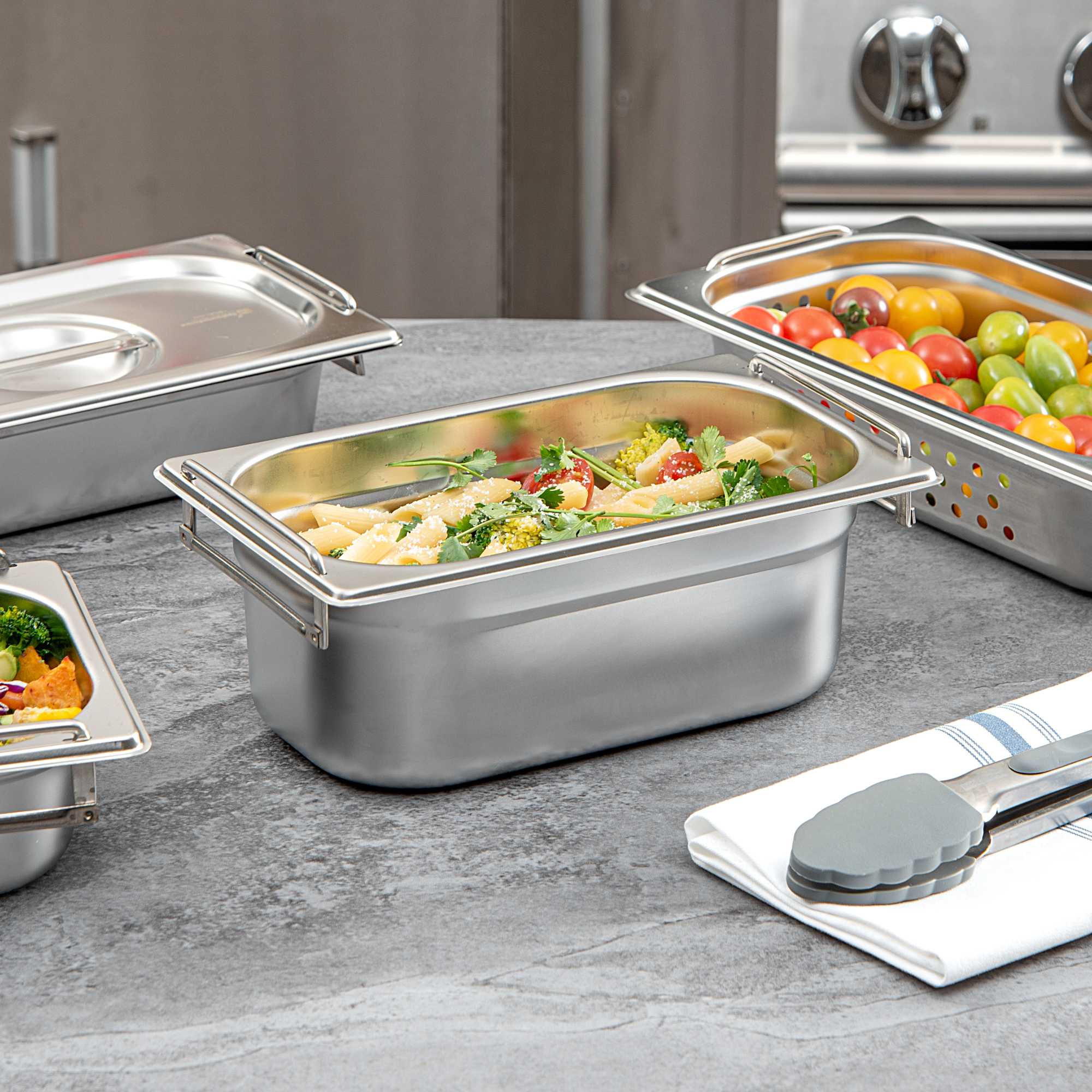 Met Lux Rectangle Stainless Steel 1/4 Size Steam Table Pan - 4 Inch Deep - Anti Jam, Collapsible Handles - 1 count box