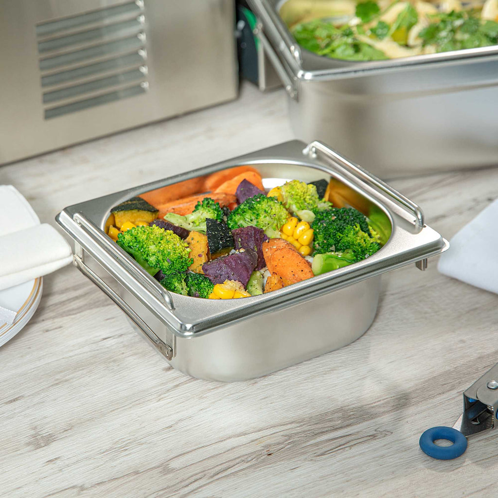 Met Lux Rectangle Stainless Steel 1/6 Size Steam Table Pan 2.5 Inch Deep - Anti Jam, Collapsible Handles - 1 count box