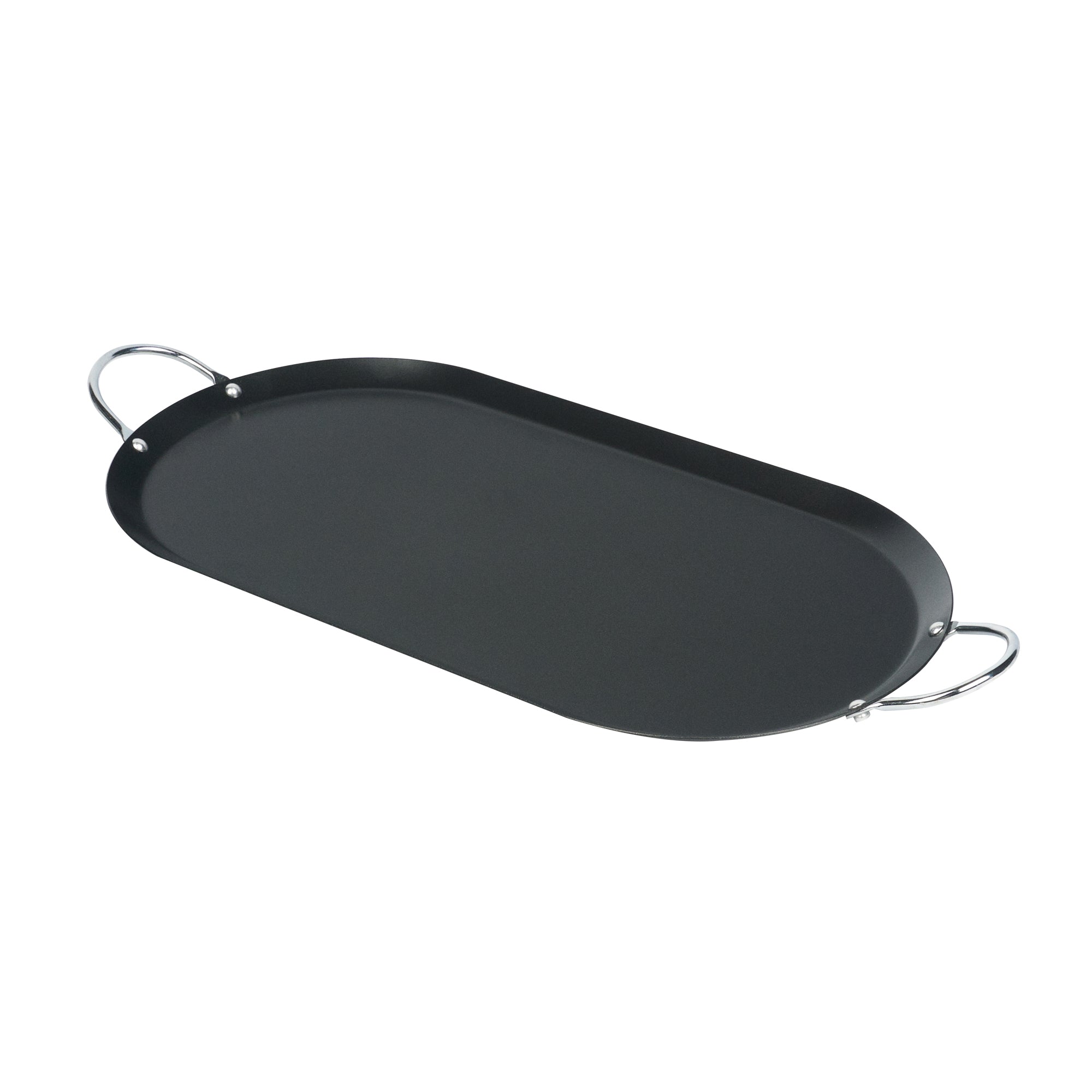 Met Lux Oval Black Carbon Steel Double Burner Griddle - Non-Stick, With Chrome Handles - 17" x 8 3/4" - 1 count box
