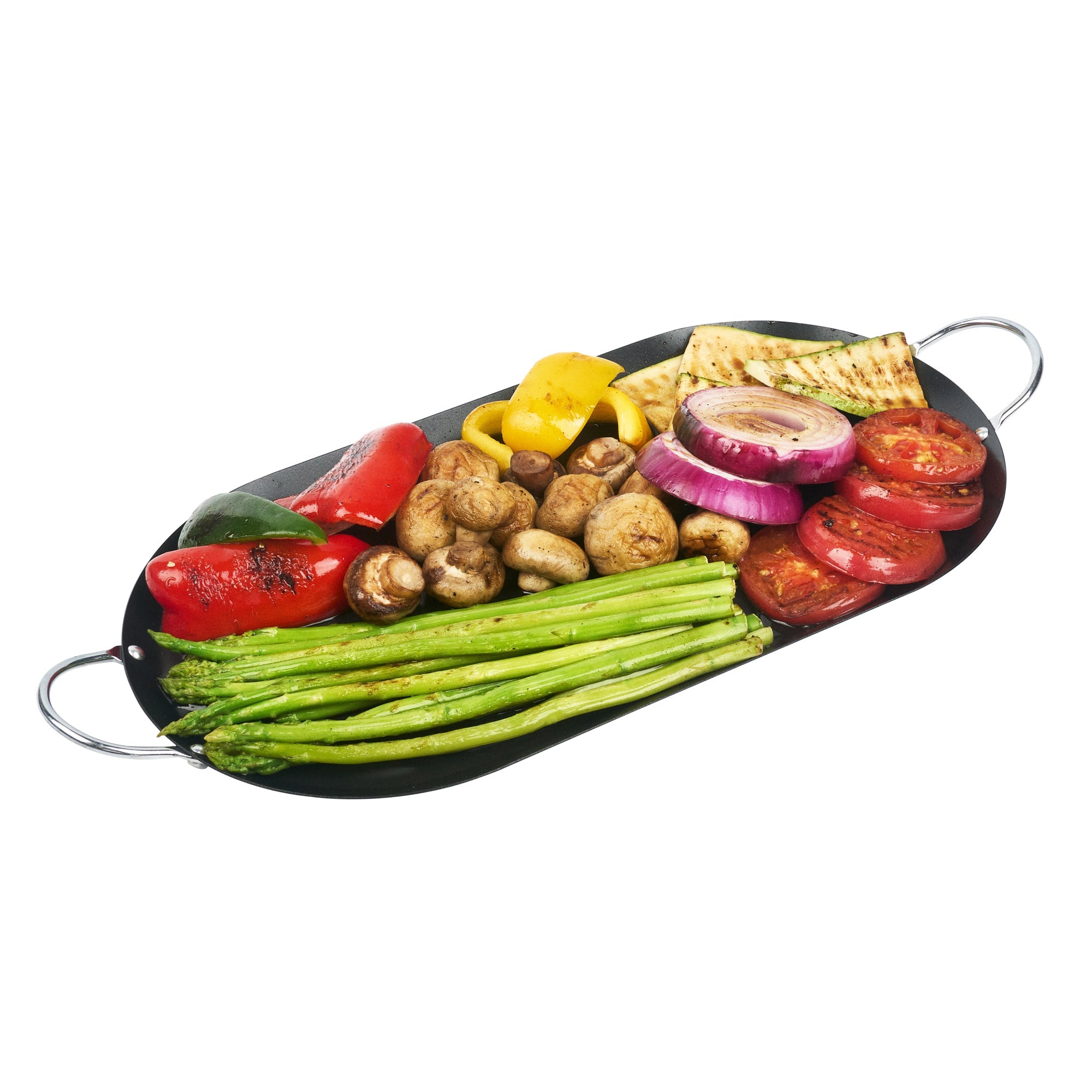Met Lux Oval Black Carbon Steel Double Burner Griddle - Non-Stick, With Chrome Handles - 17" x 8 3/4" - 1 count box