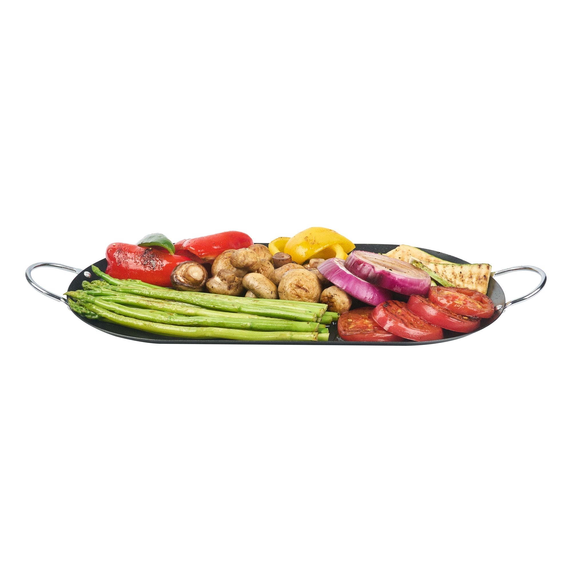 Met Lux Oval Black Carbon Steel Double Burner Griddle - Non-Stick, With Chrome Handles - 17" x 8 3/4" - 1 count box
