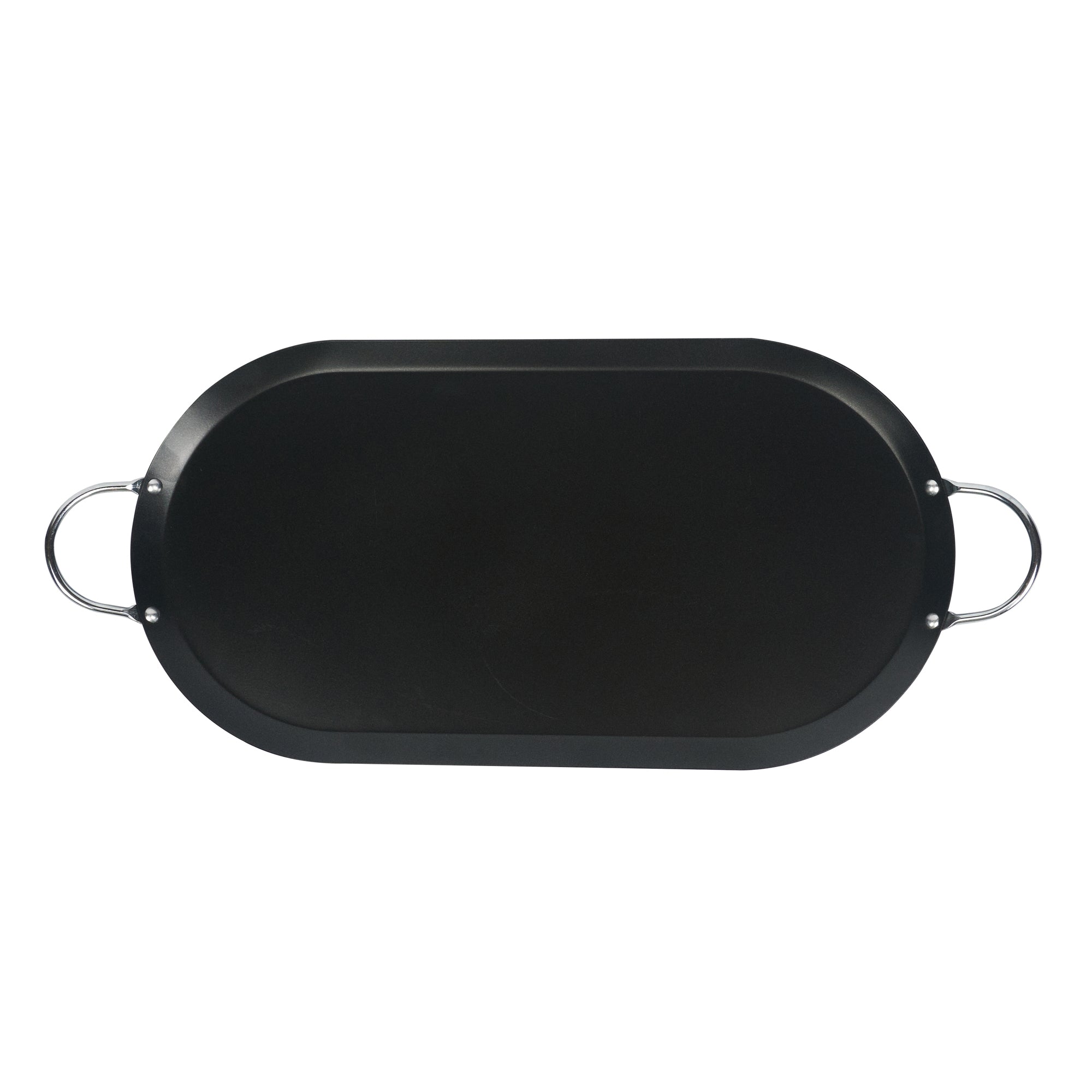 Met Lux Oval Black Carbon Steel Double Burner Griddle - Non-Stick, With Chrome Handles - 17" x 8 3/4" - 1 count box