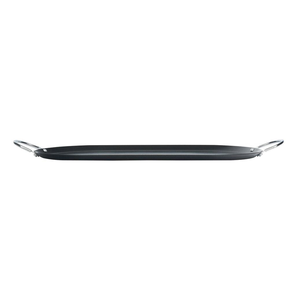 Met Lux Oval Black Carbon Steel Double Burner Griddle - Non-Stick, With Chrome Handles - 17" x 8 3/4" - 1 count box