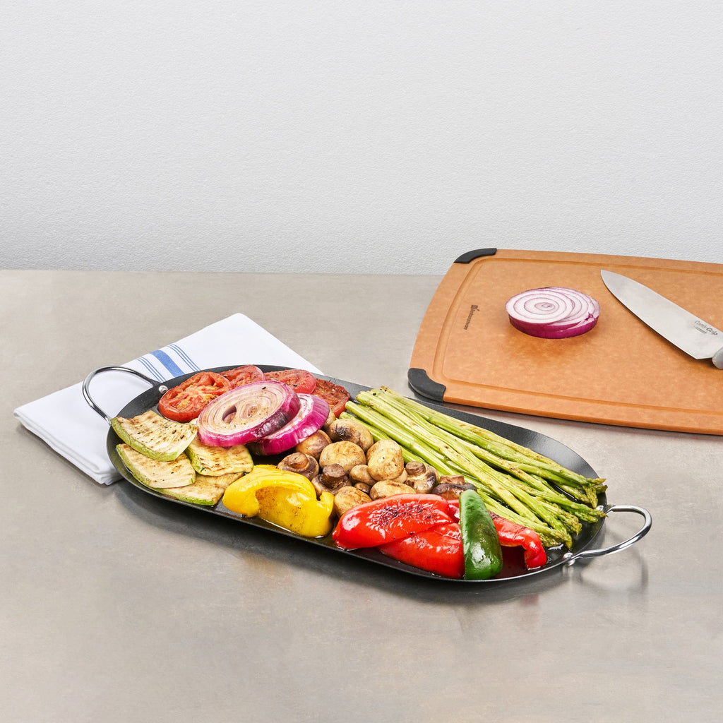 Met Lux Oval Black Carbon Steel Double Burner Griddle - Non-Stick, With Chrome Handles - 17" x 8 3/4" - 1 count box