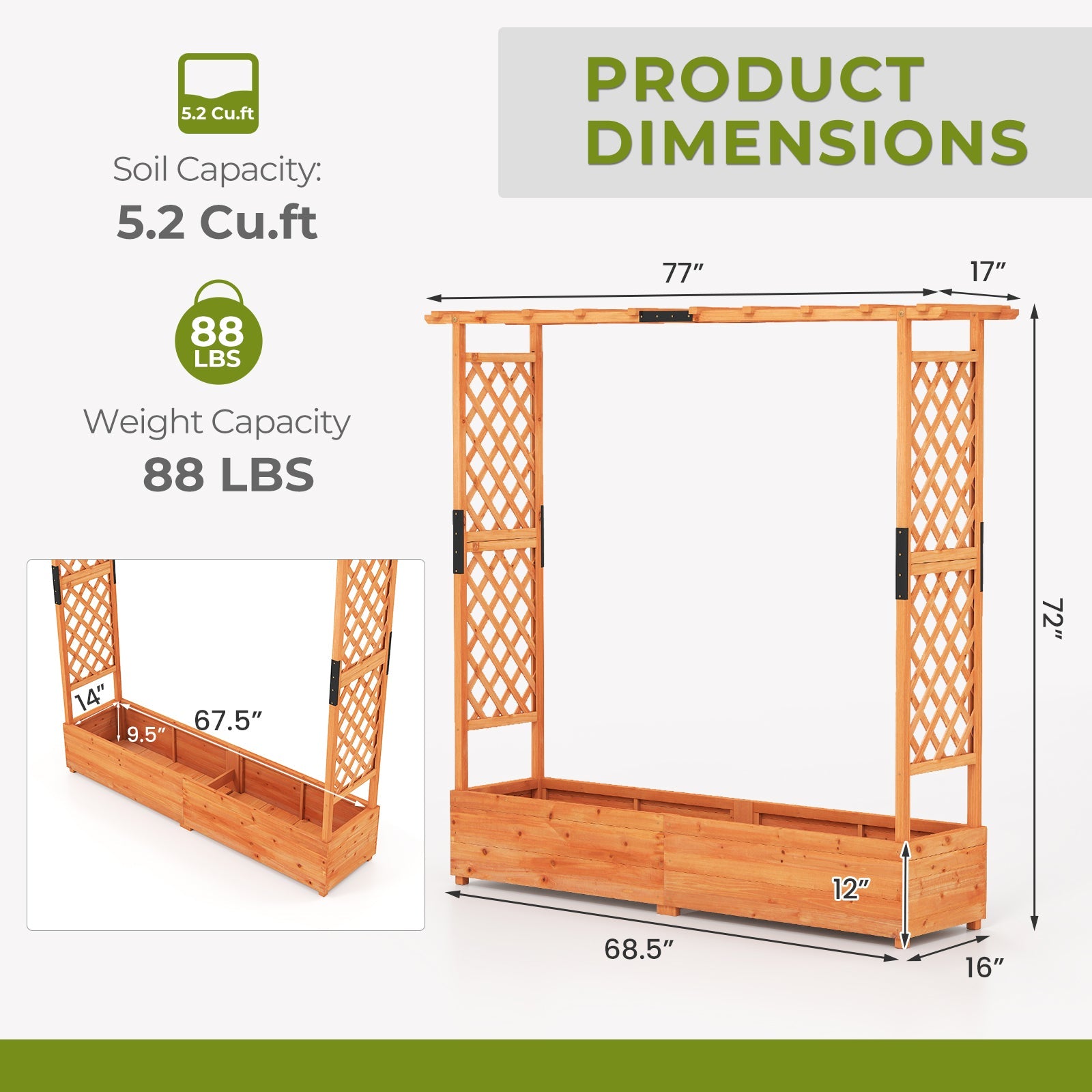 Raised Garden Bed with Arch Trellis and Hanging Roof-Orange