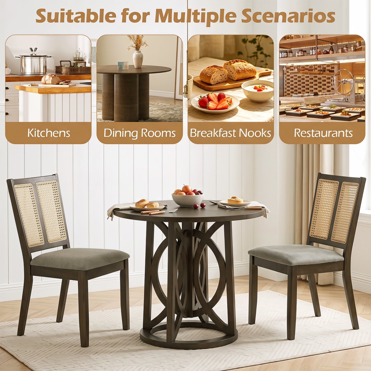 Rattan Dining Chairs Set of 2 with Curved Backrest