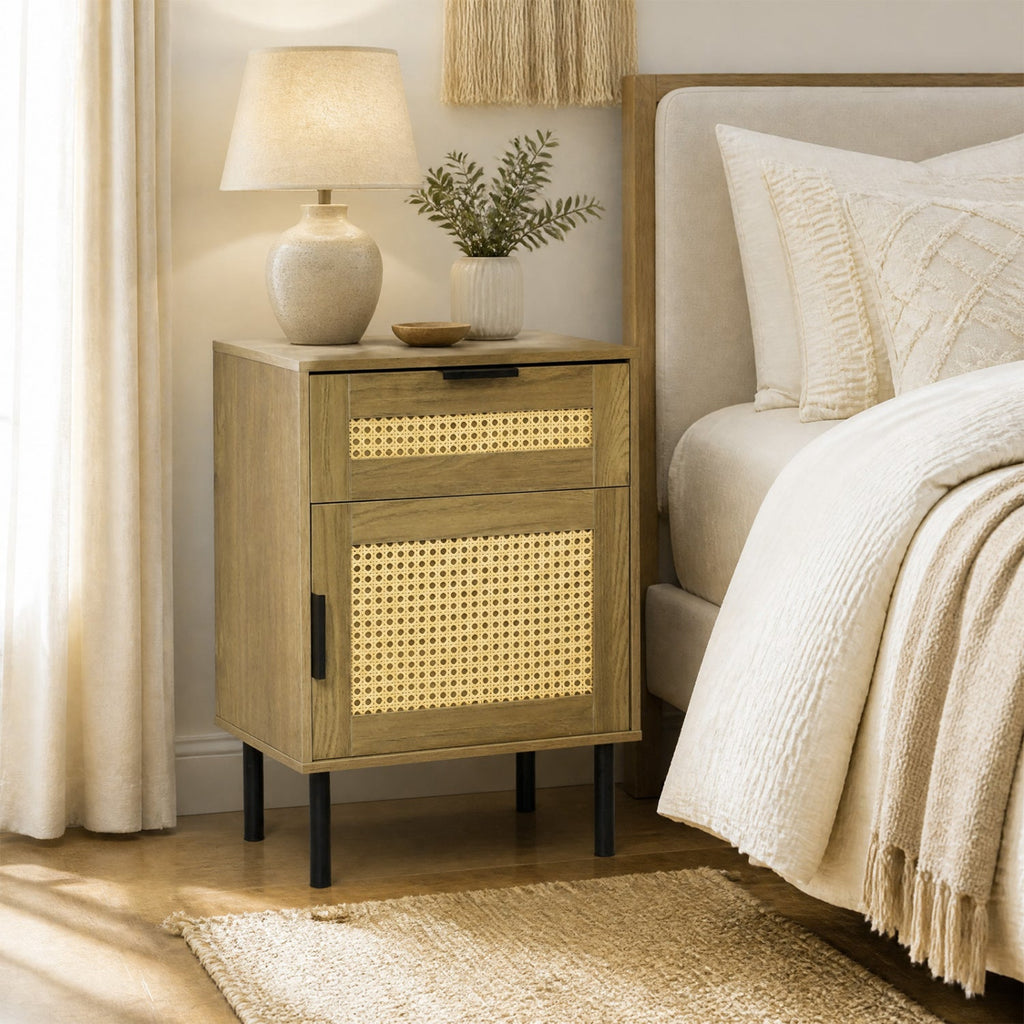 Rattan Nightstand with Drawer and Storage Cabinet