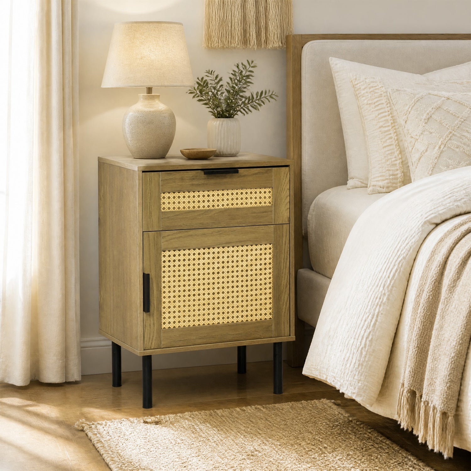 Rattan Nightstand with Drawer and Storage Cabinet