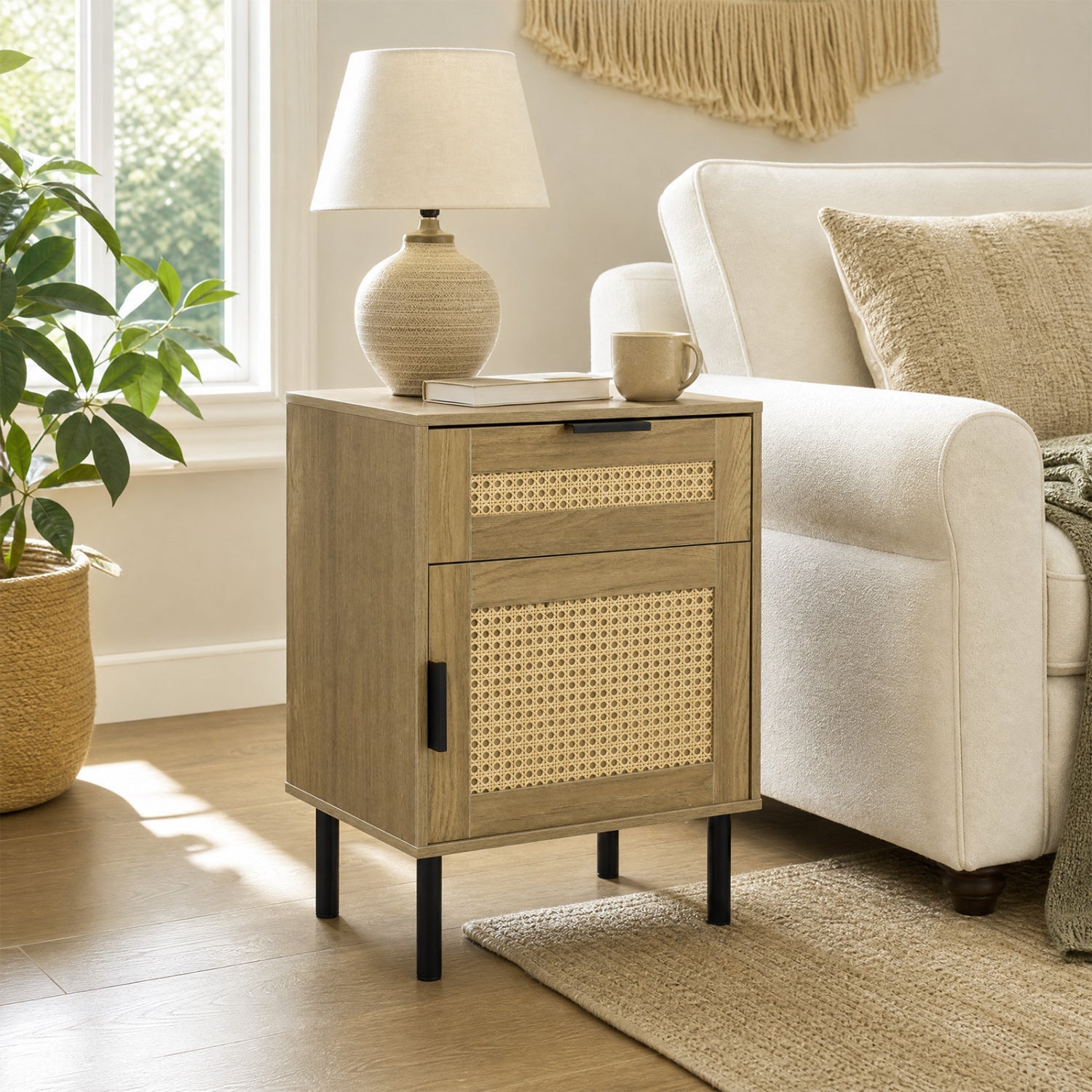 Rattan Nightstand with Drawer and Storage Cabinet