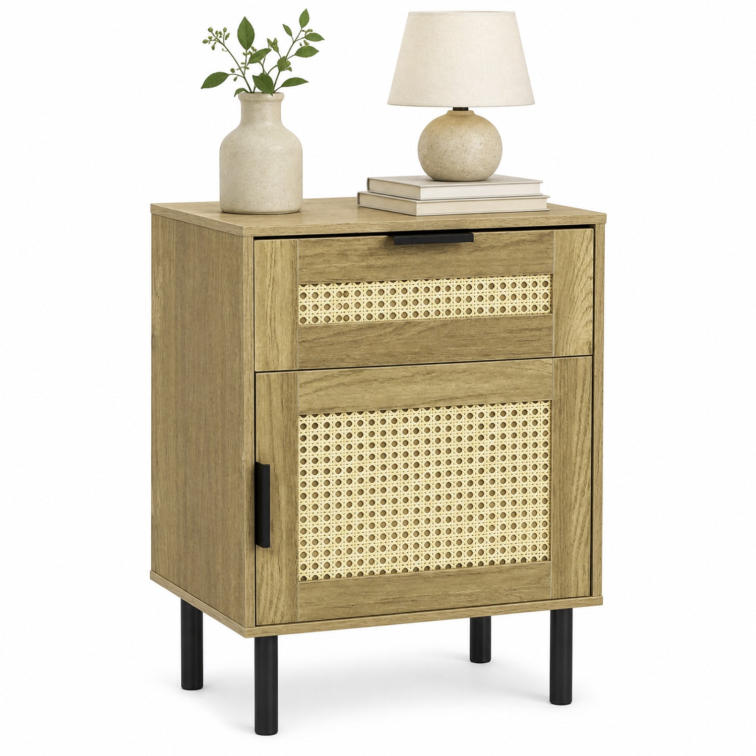 Rattan Nightstand with Drawer and Storage Cabinet