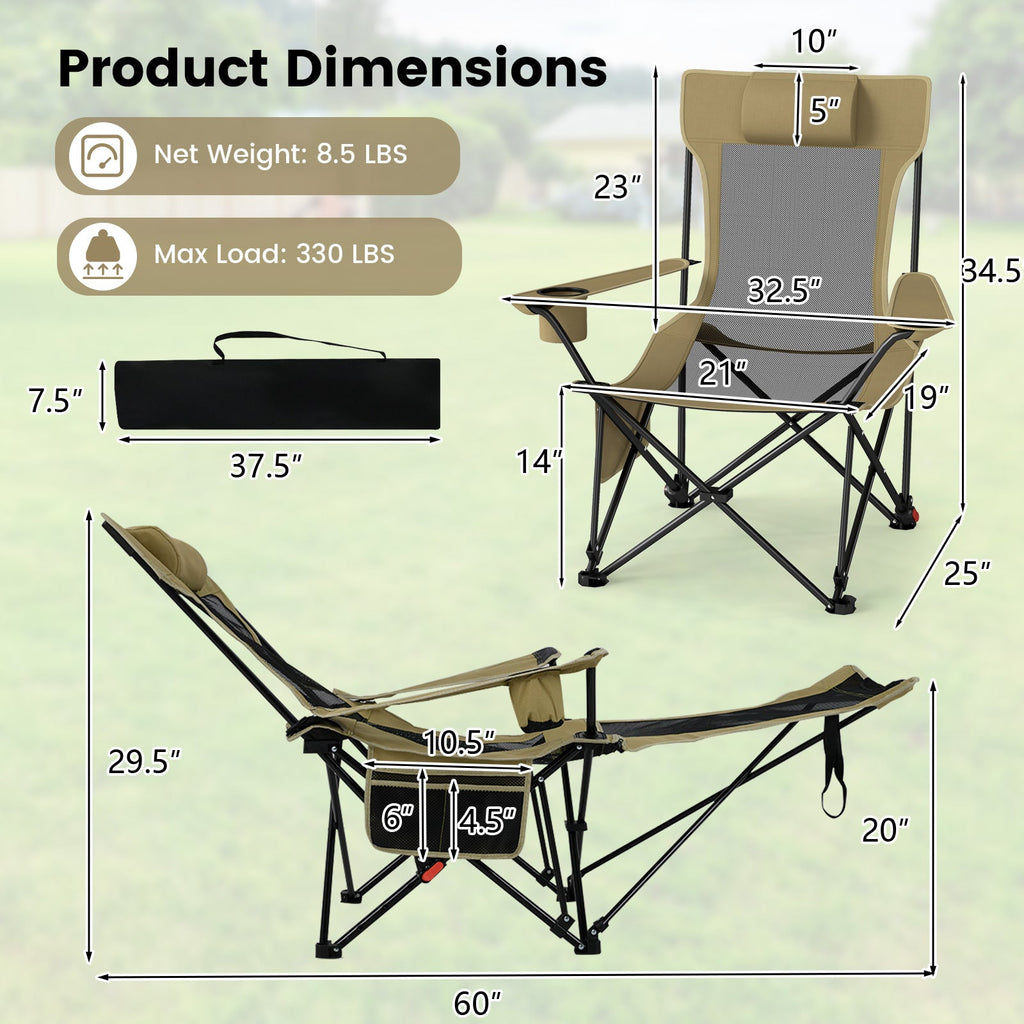 Reclining Camping Chair with Removable Footrest and Adjustable Backrest
