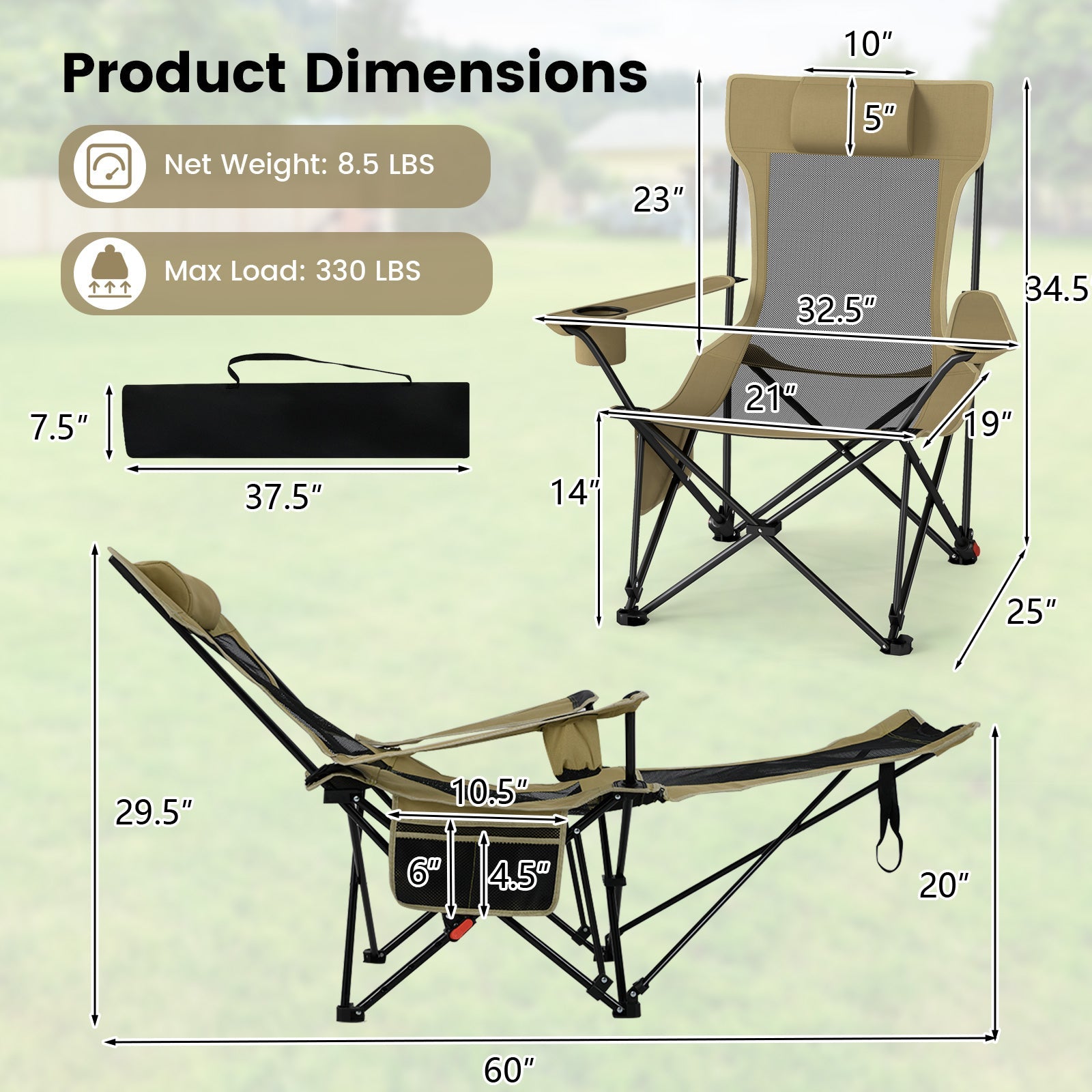 Reclining Camping Chair with Removable Footrest and Adjustable Backrest