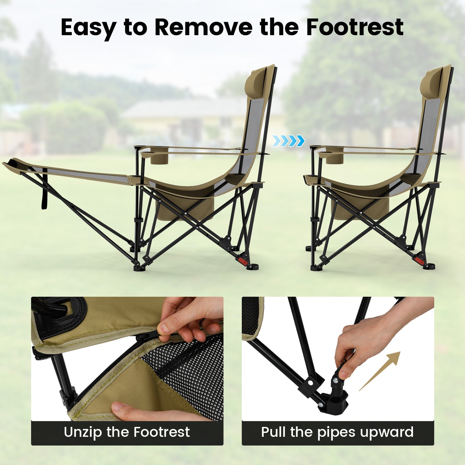 Reclining Camping Chair with Removable Footrest and Adjustable Backrest