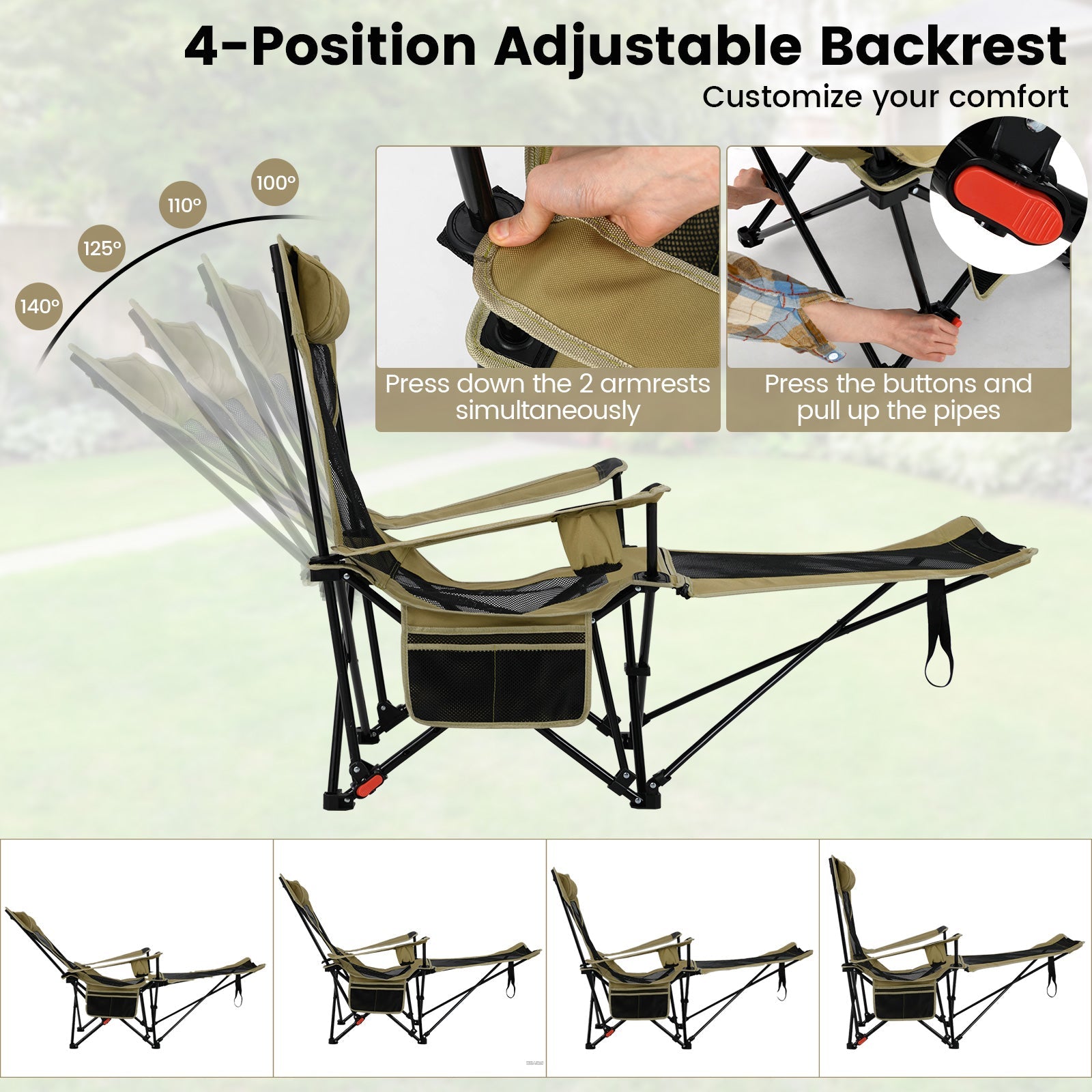 Reclining Camping Chair with Removable Footrest and Adjustable Backrest