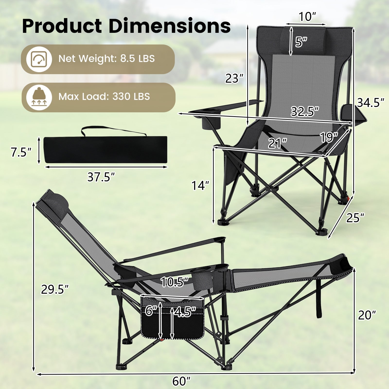 Reclining Camping Chair with Removable Footrest and Adjustable Backrest