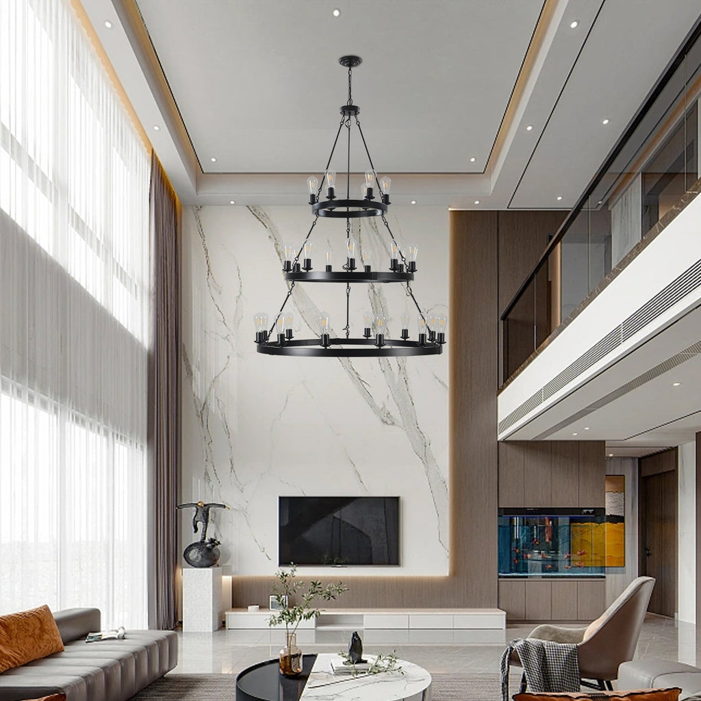45" Retro Industrial Chandelier | 27-Light 3-Layer Black Farmhouse Pendant for High Ceiling Hall, Dining Room & Living Room — E26