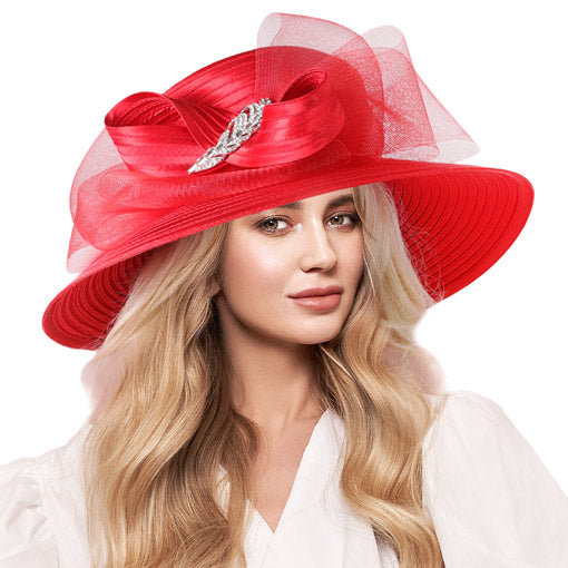 Rhinestone Embellished Feather Accented Mesh Bow Dressy Hat