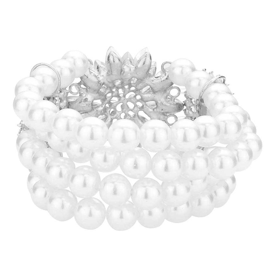 Flower Stone Embellished Pearl Stretch Bracelet
