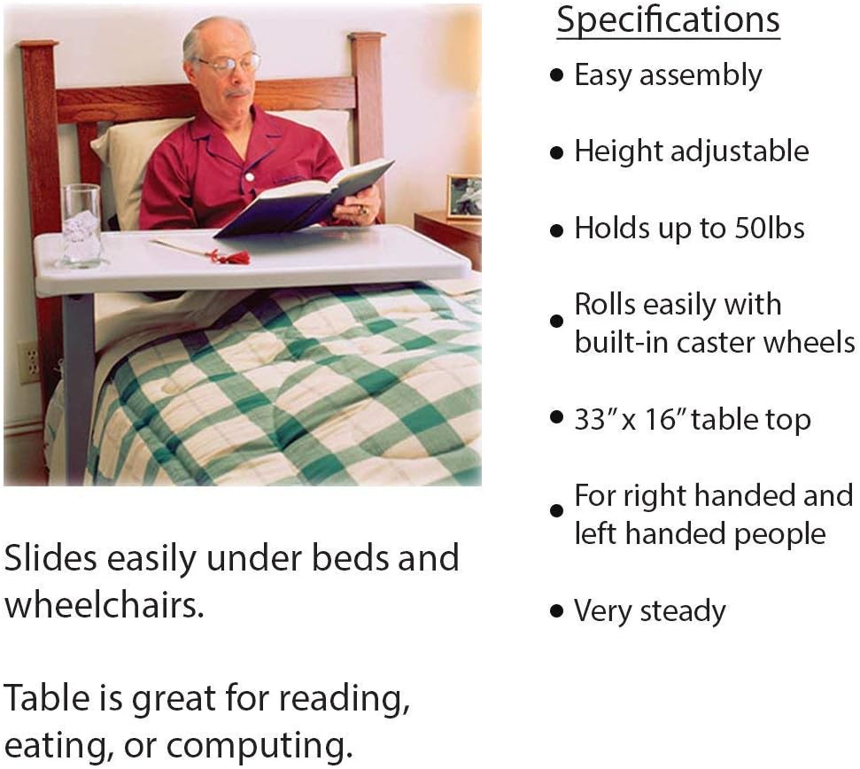 Rolling Overbed Table, Hospital Bed Table, Laptop Tables for Recliner, Bed, Bedside and Sofa, Computer Tables, Hospital Tray, Adjustable with Wheels and Secure Height Adjustment