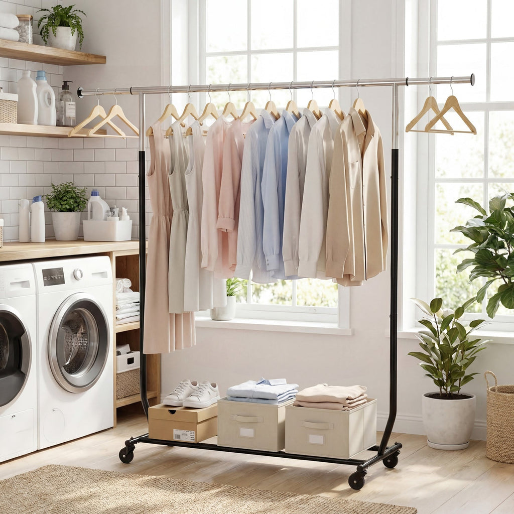 Rolling Clothes Rack Extendable Garment Stand for Hanging Clothes